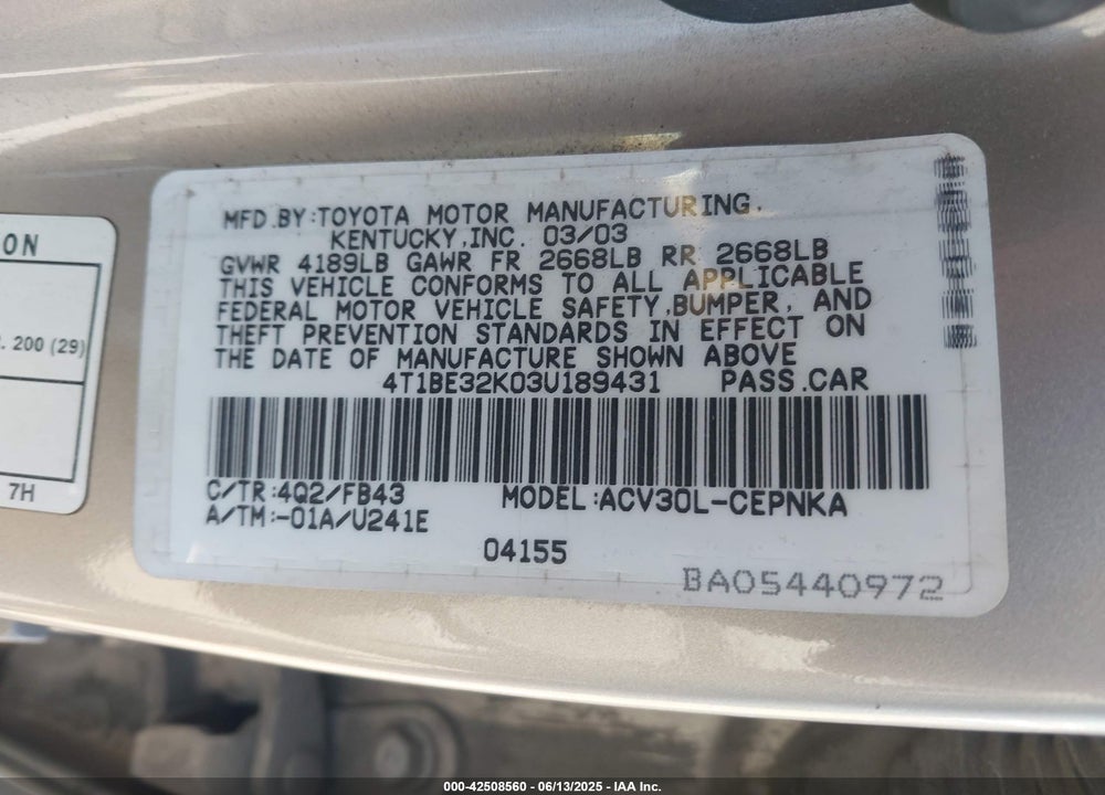 2003 TOYOTA CAMRY LE VIN: 4T1BE32K03U189431