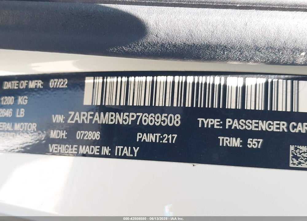 2023 ALFA ROMEO GIULIA VIN: ZARFAMBN5P7669508