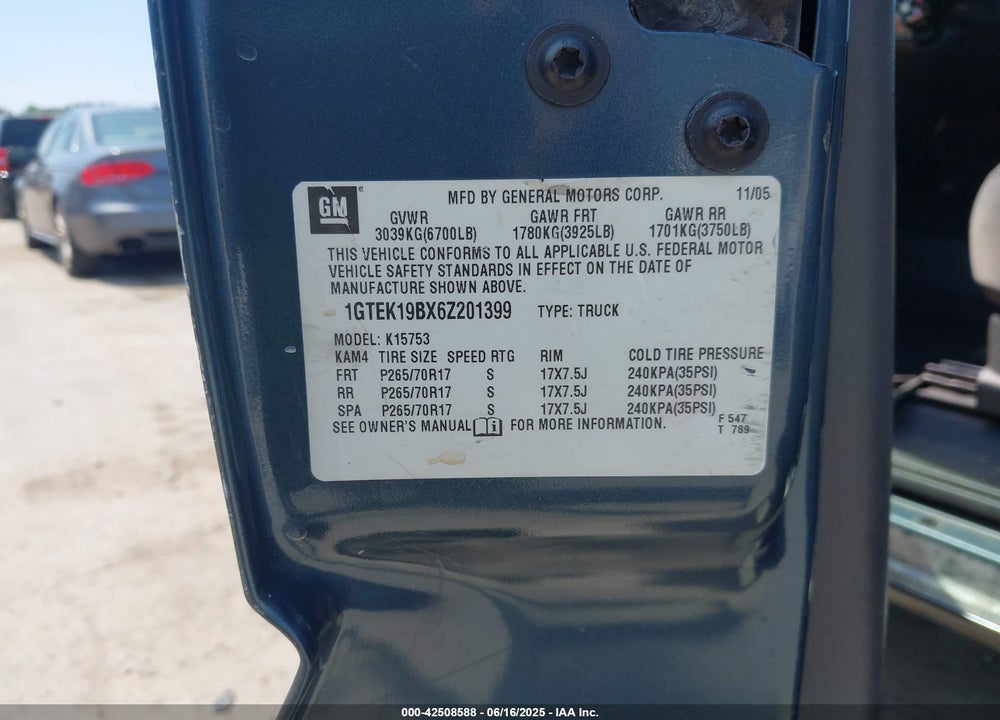 2006 GMC SIERRA 1500 WORK TRUCK VIN: 1GTEK19BX6Z201399