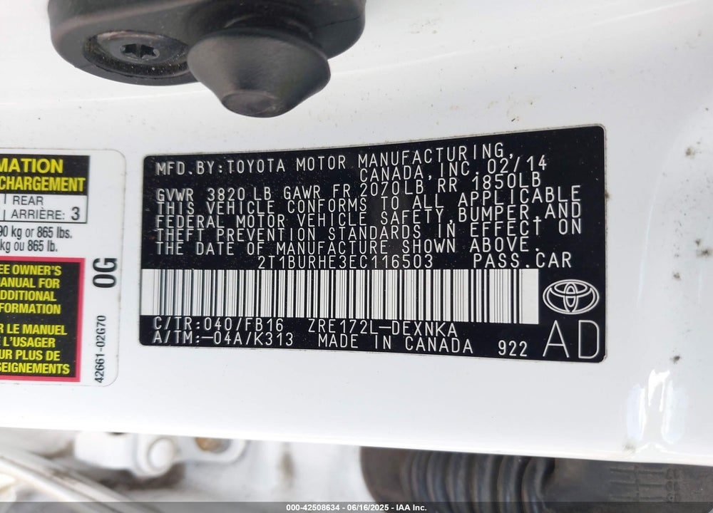2014 TOYOTA COROLLA VIN: 2T1BURHE3EC116503