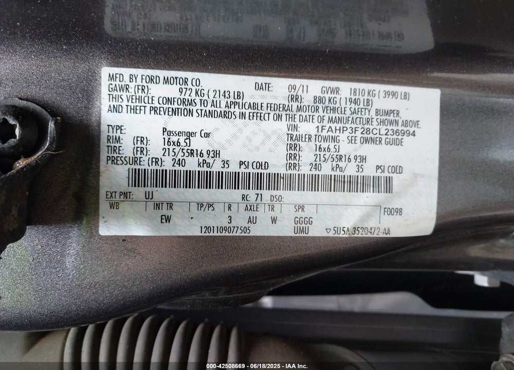 2012 FORD FOCUS VIN: 1FAHP3F28CL236994