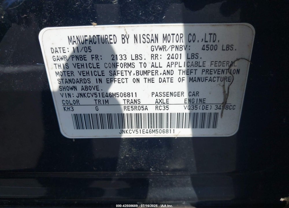 2006 INFINITI G35 VIN: JNKCV51E46M506811