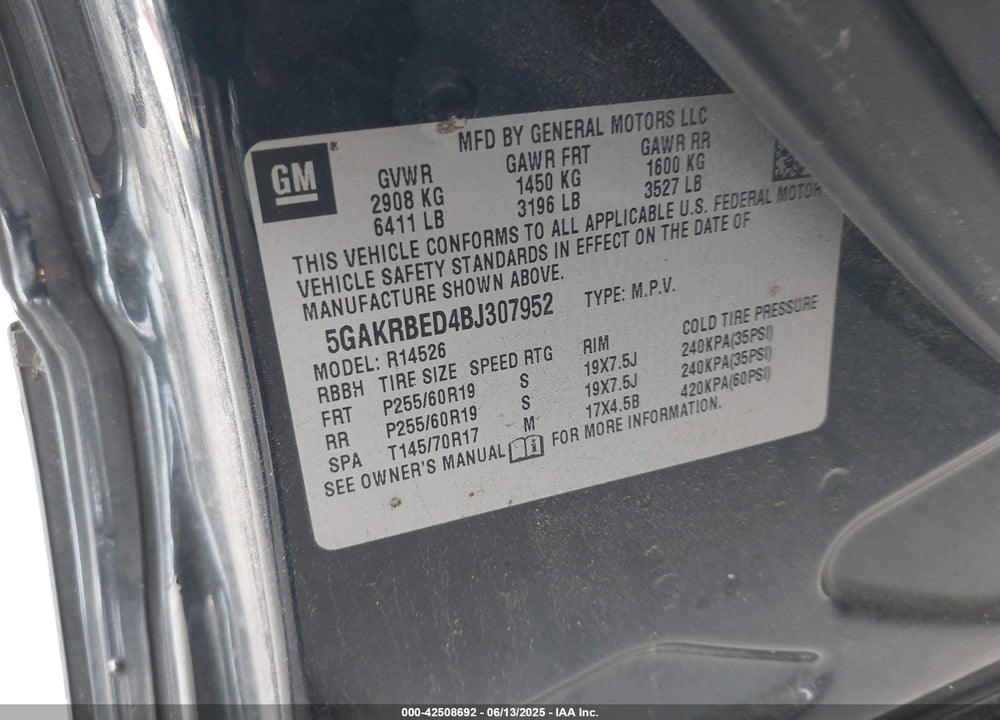 2011 BUICK ENCLAVE VIN: 5GAKRBED4BJ307952