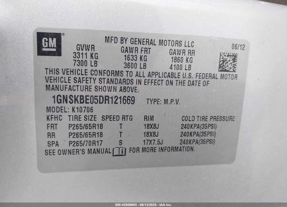 2013 CHEVROLET TAHOE VIN: 1GNSKBE05DR121669