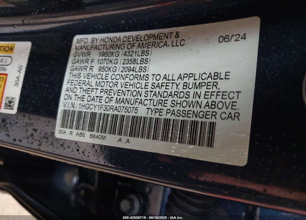 2024 HONDA ACCORD VIN: 1HGCY1F30RA075075