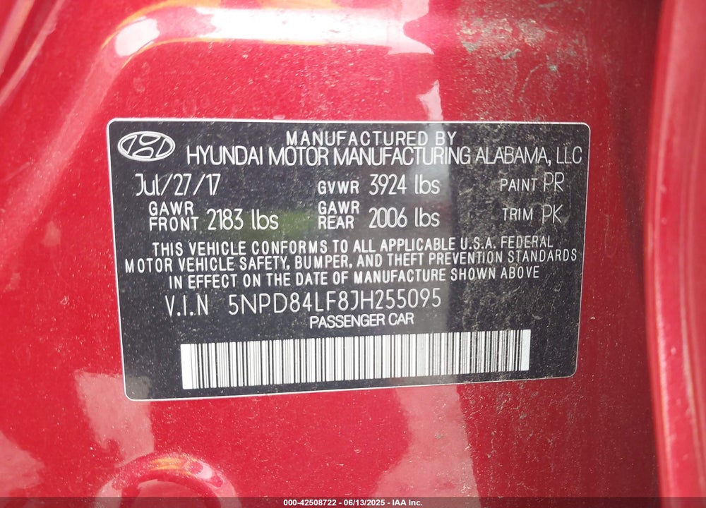 2018 HYUNDAI ELANTRA VIN: 5NPD84LF8JH255095