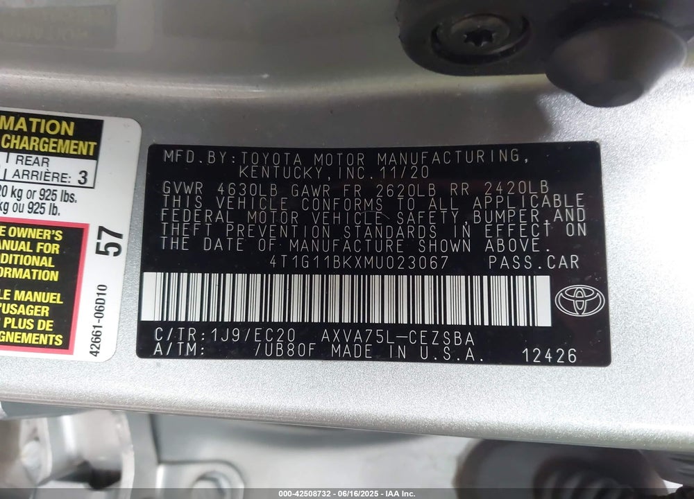 2021 TOYOTA CAMRY VIN: 4T1G11BKXMU023067