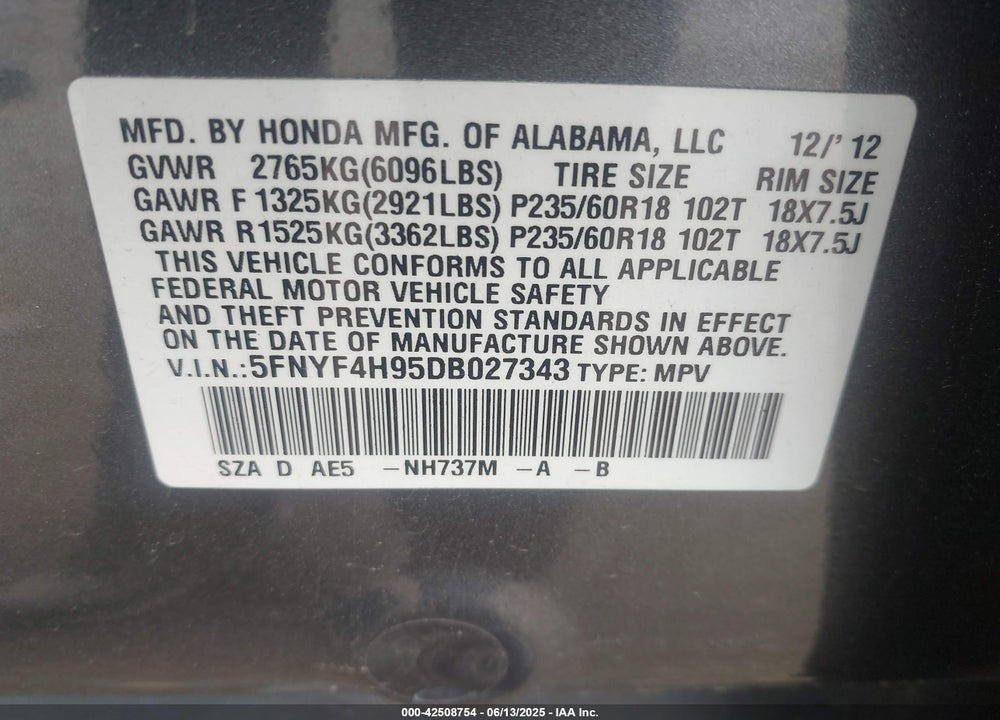 2013 HONDA PILOT VIN: 5FNYF4H95DB027343