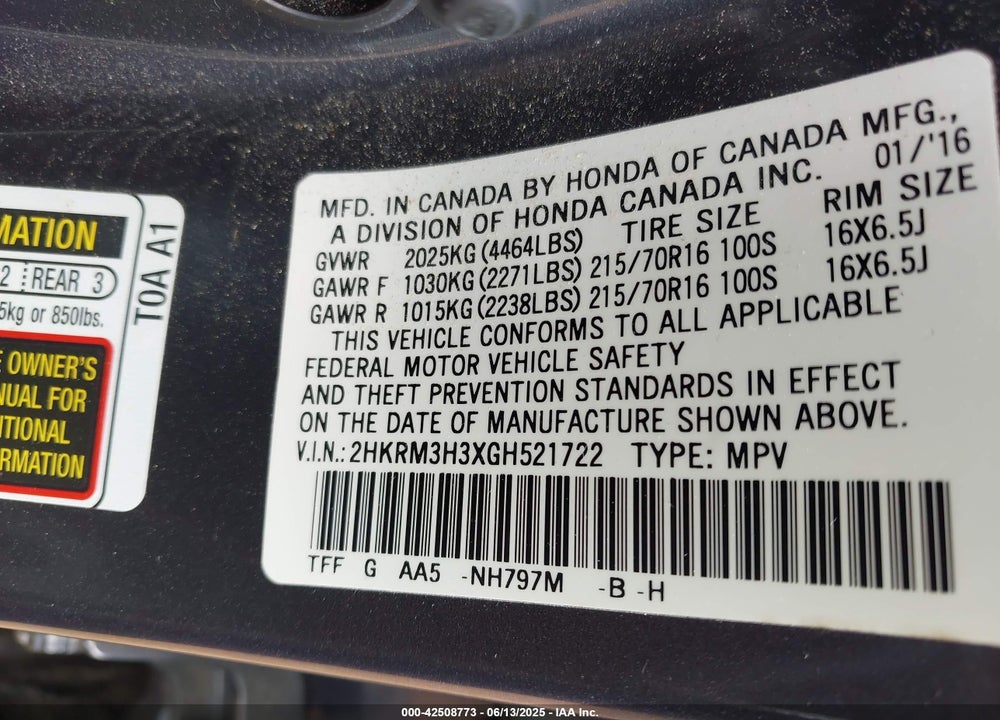 2016 HONDA CR-V VIN: 2HKRM3H3XGH521722