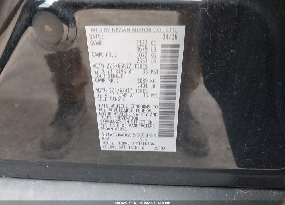 2016 NISSAN ROGUE SV VIN: 5N1AT2MV0GC837364