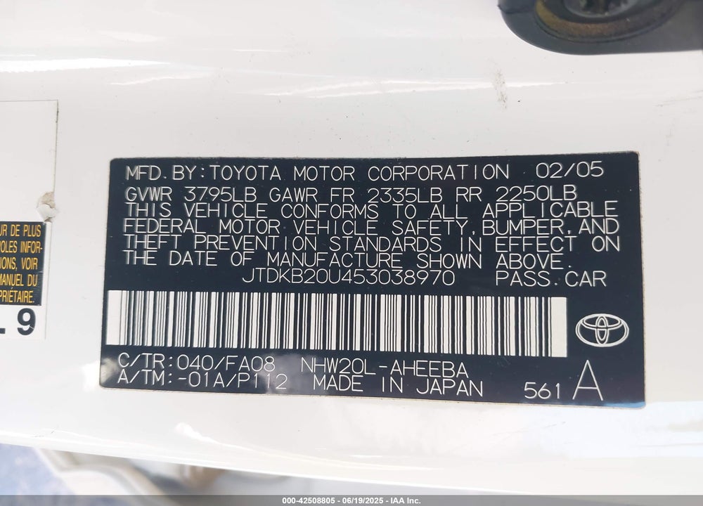 2005 TOYOTA PRIUS VIN: JTDKB20U453038970