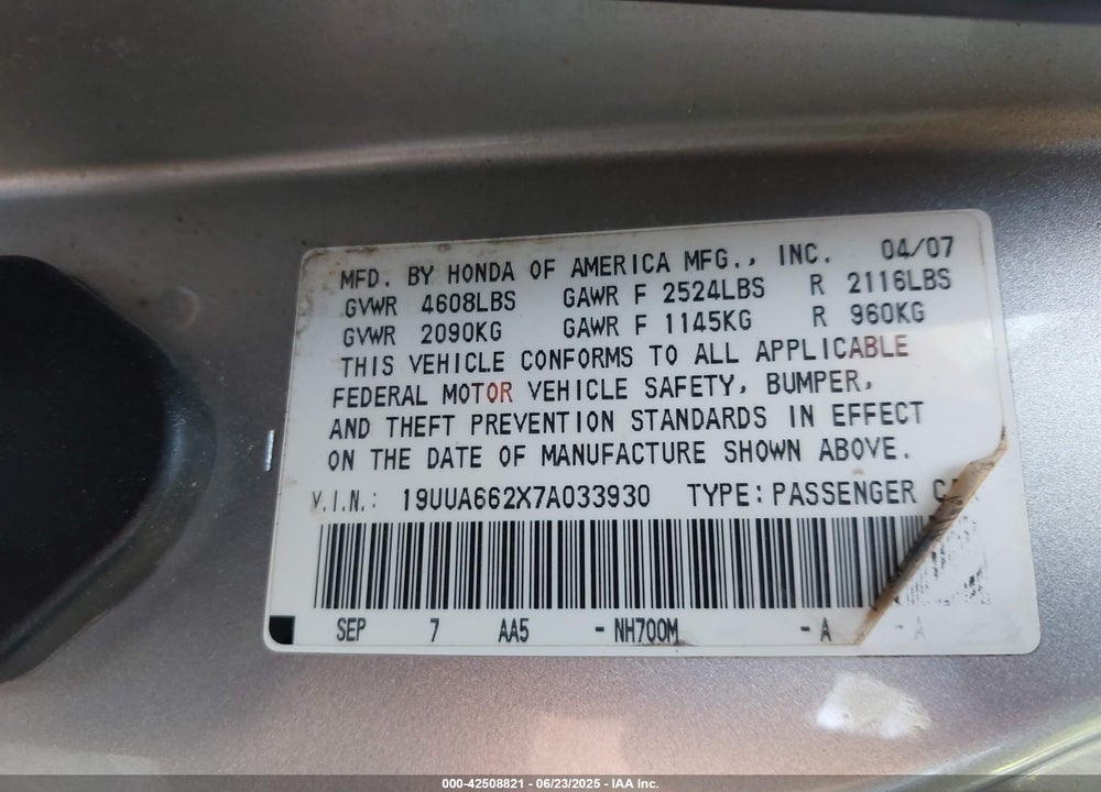 2007 ACURA TL VIN: 19UUA662X7A033930