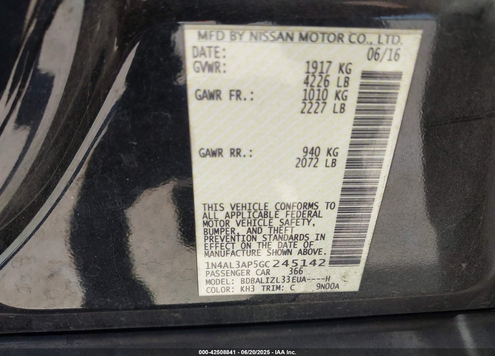 2016 NISSAN ALTIMA 2.5 SV VIN: 1N4AL3AP5GC245142