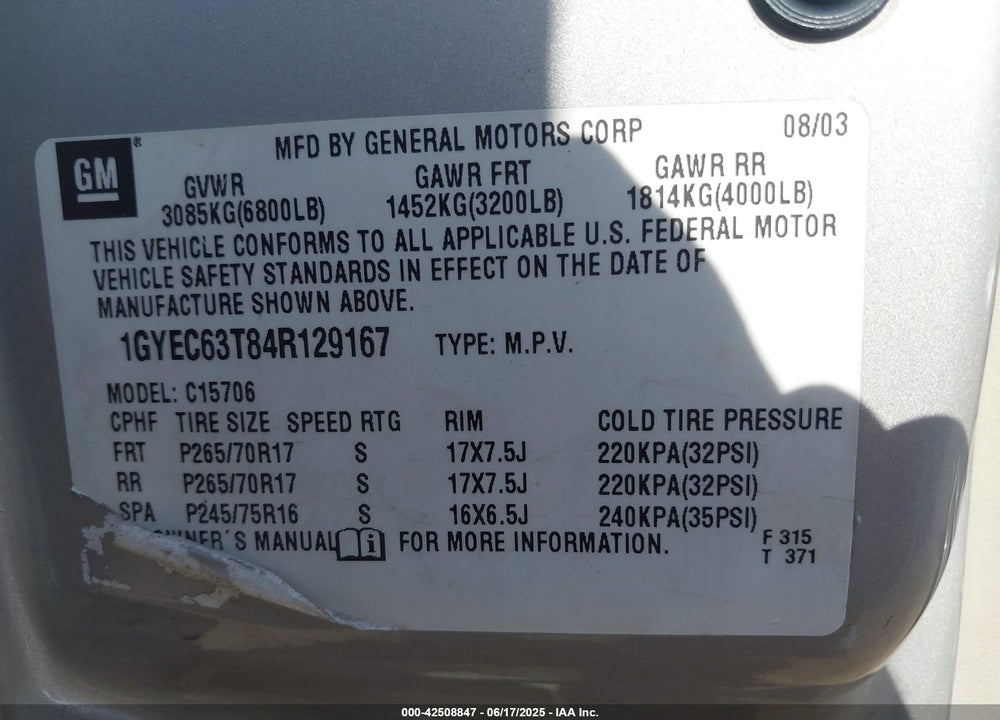 2004 CADILLAC ESCALADE STANDARD VIN: 1GYEC63T84R129167