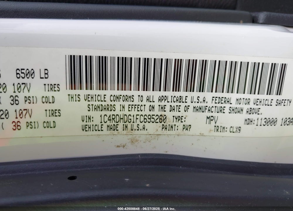 2015 DODGE DURANGO VIN: 1C4RDHDG1FC695260