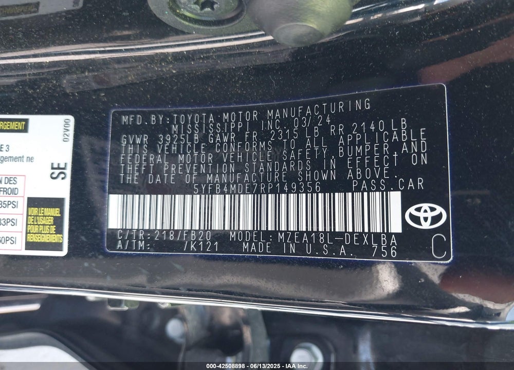2024 TOYOTA COROLLA LE VIN: 5YFB4MDE7RP149356