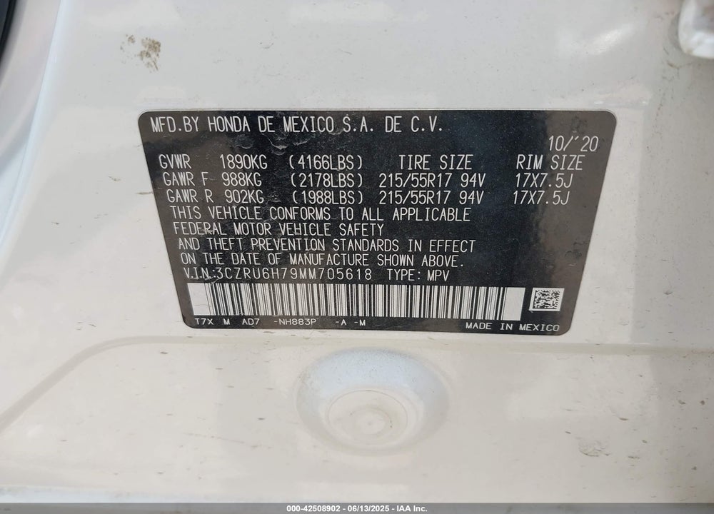2021 HONDA HR-V AWD EX-L VIN: 3CZRU6H79MM705618