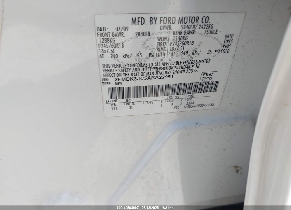 2010 FORD EDGE SEL VIN: 2FMDK3JC5ABA22951