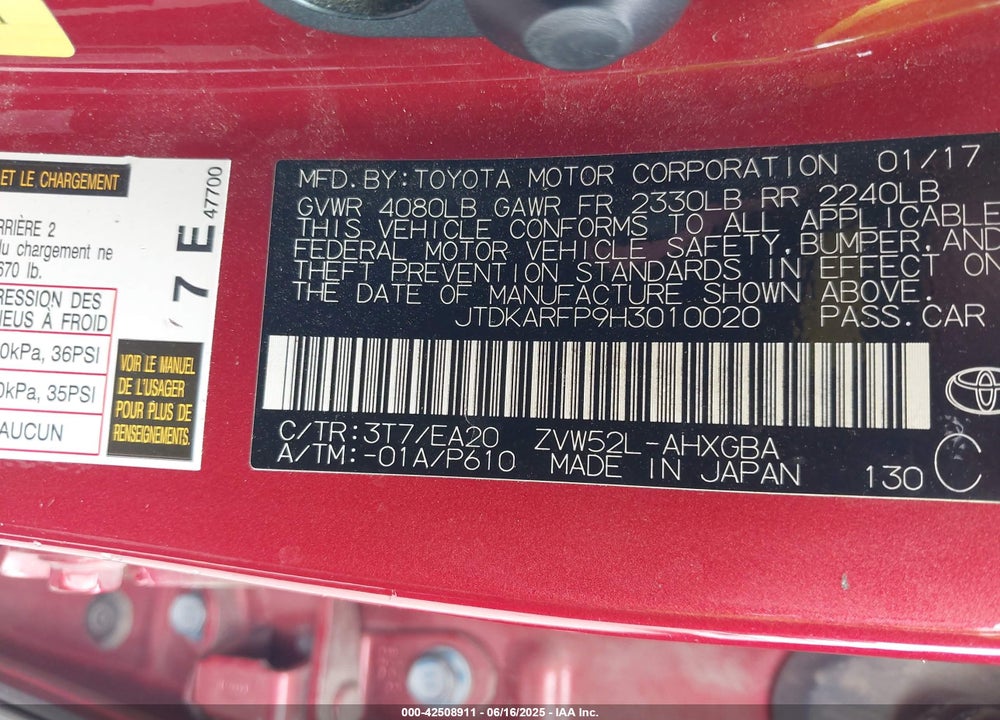 2017 TOYOTA PRIUS PRIME VIN: JTDKARFP9H3010020