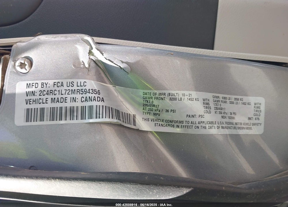 2021 CHRYSLER PACIFICA VIN: 2C4RC1L72MR594356