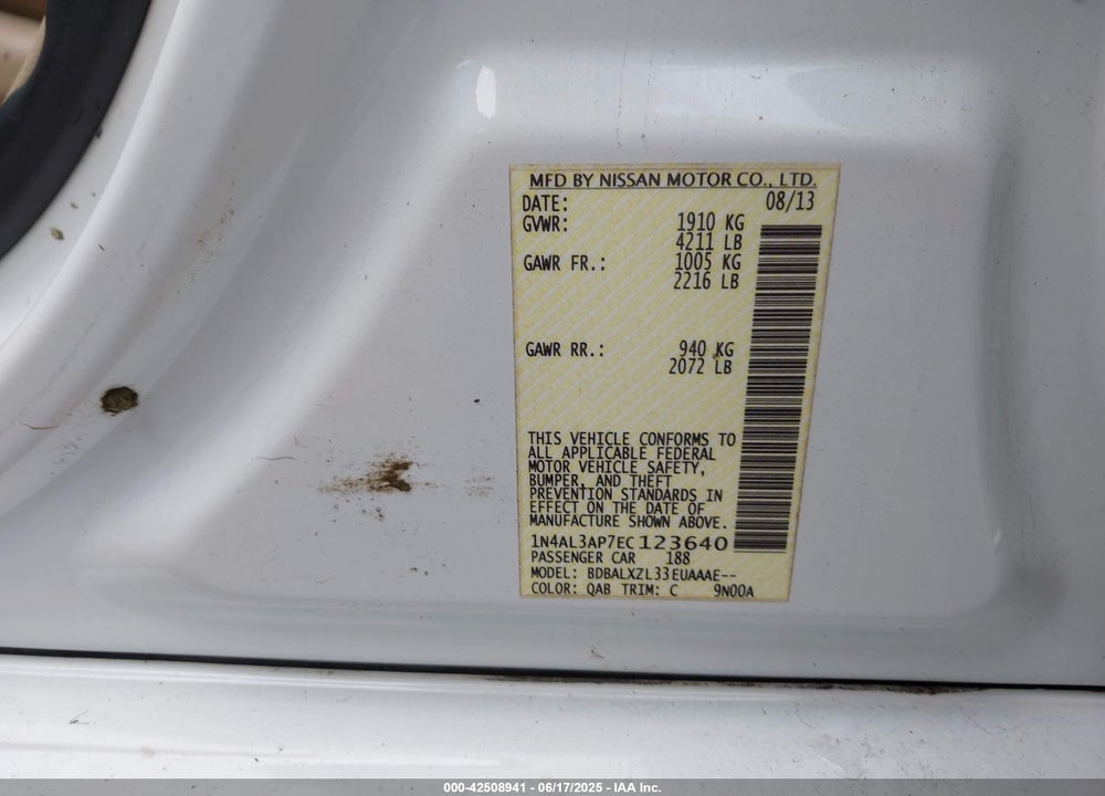 2014 NISSAN ALTIMA 2.5 SL VIN: 1N4AL3AP7EC123640