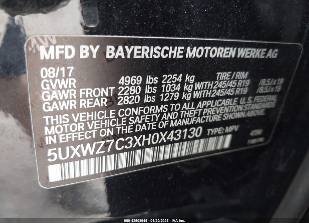 2017 BMW X3 VIN: 5UXWZ7C3XH0X43130