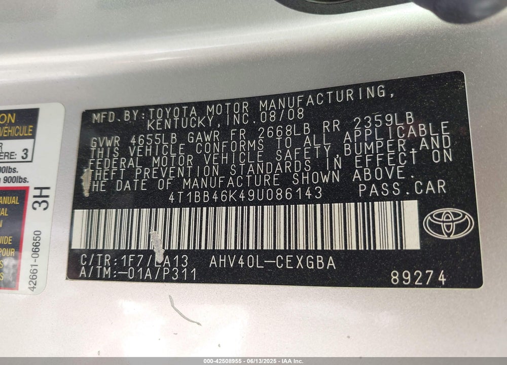 2009 TOYOTA CAMRY HYBRID VIN: 4T1BB46K49U086143