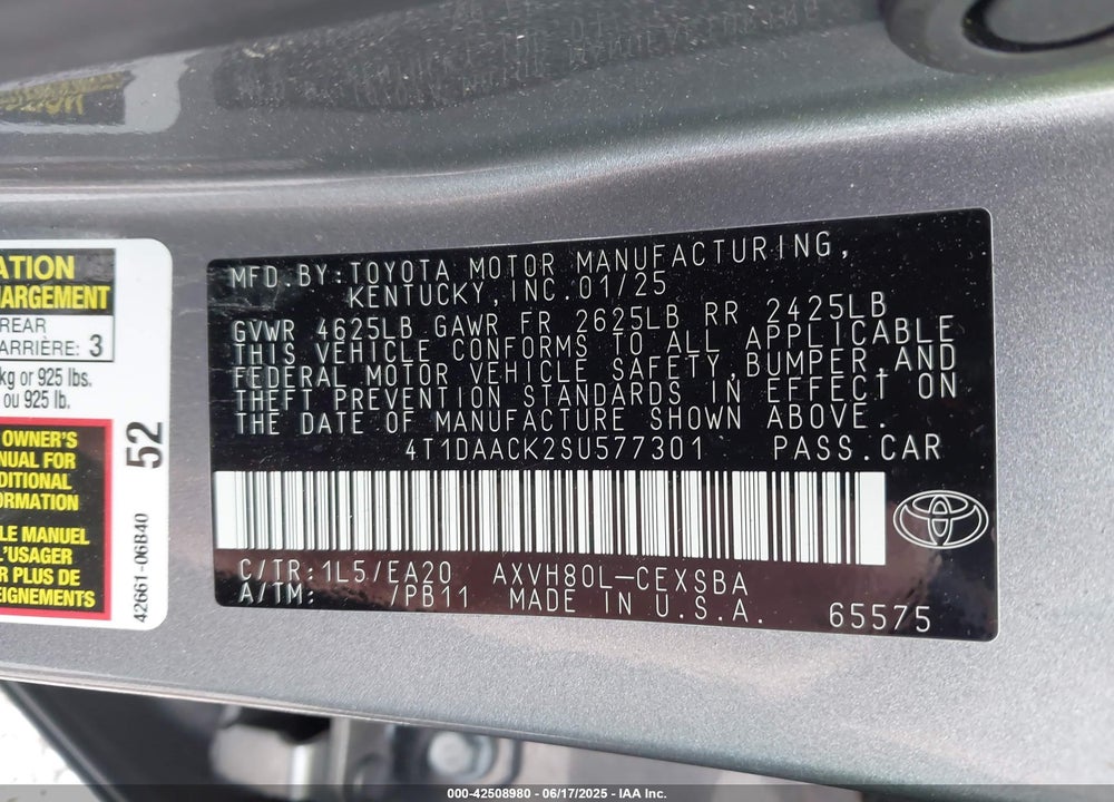 2025 TOYOTA CAMRY VIN: 4T1DAACK2SU577301