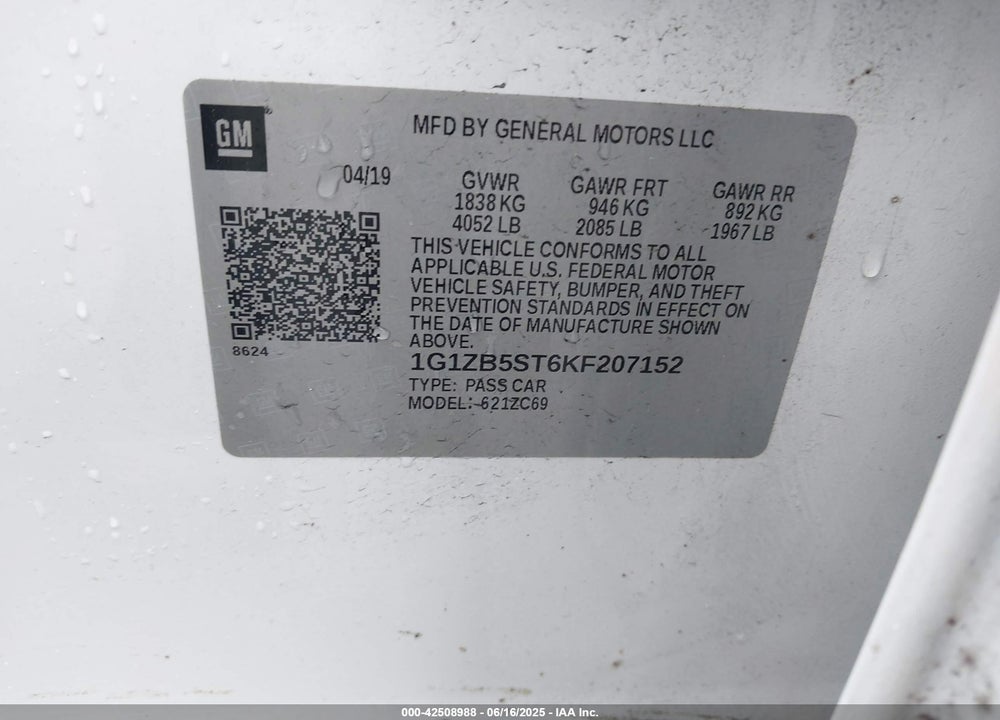 2019 CHEVROLET MALIBU VIN: 1G1ZB5ST6KF207152