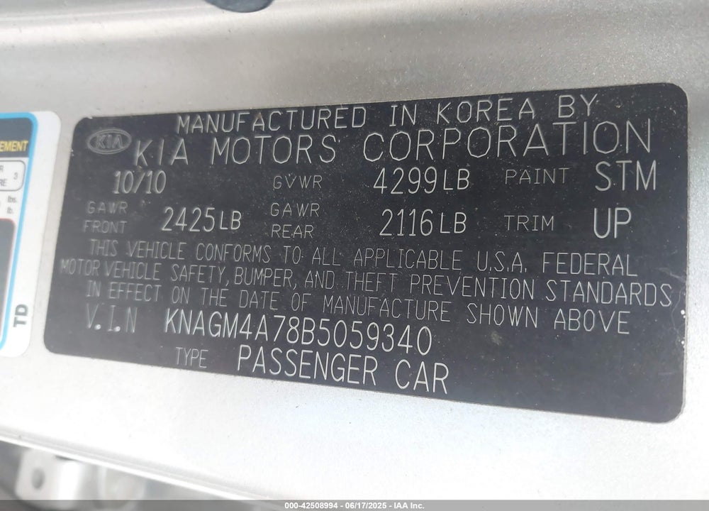 2011 KIA OPTIMA LX VIN: KNAGM4A78B5059340