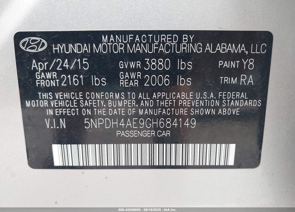 2016 HYUNDAI ELANTRA VIN: 5NPDH4AE9GH684149