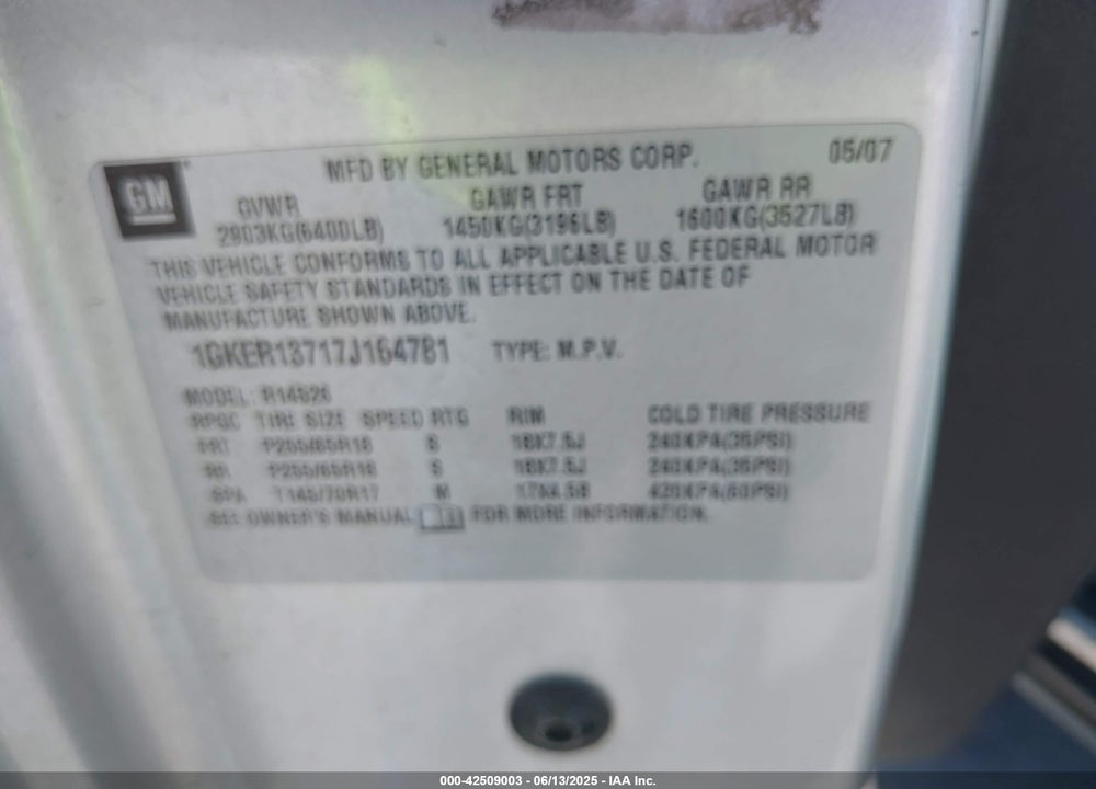2007 GMC ACADIA SLE-1 VIN: 1GKER13717J164781