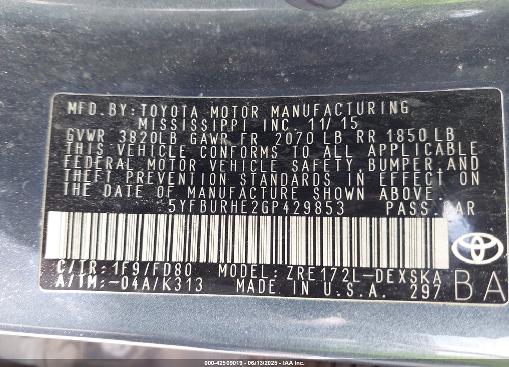 2016 TOYOTA COROLLA S PLUS VIN: 5YFBURHE2GP429853