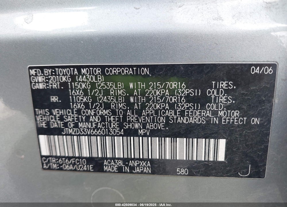 2006 TOYOTA RAV4 VIN: JTMZD33V666013054