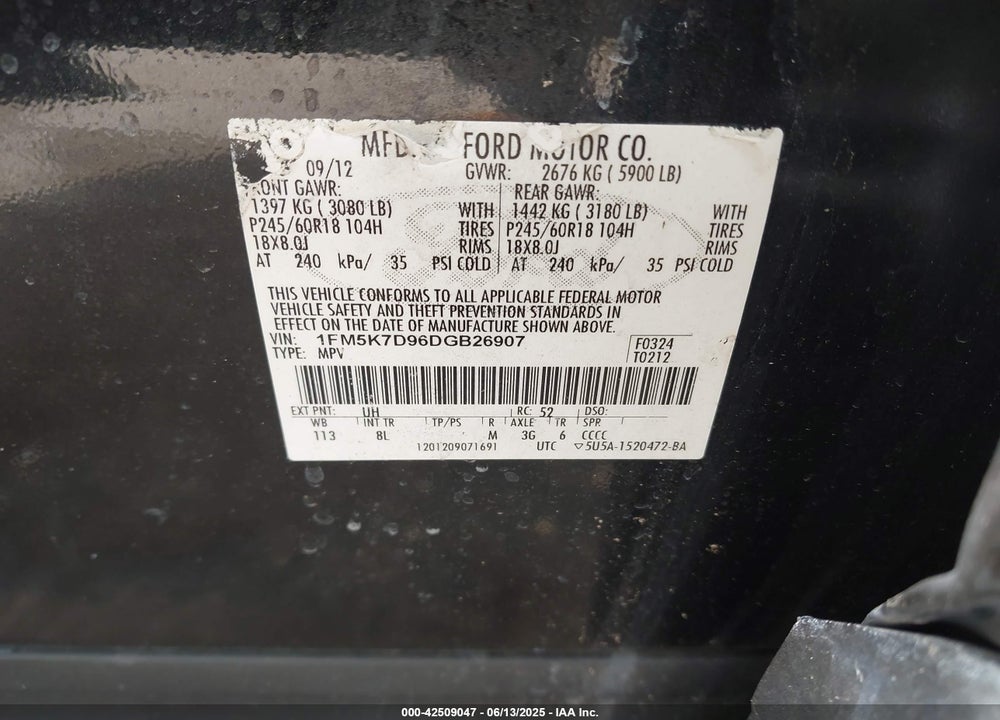 2013 FORD EXPLORER VIN: 1FM5K7D96DGB26907