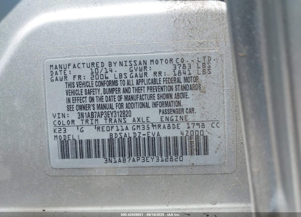 2014 NISSAN SENTRA VIN: 3N1AB7AP3EY312820