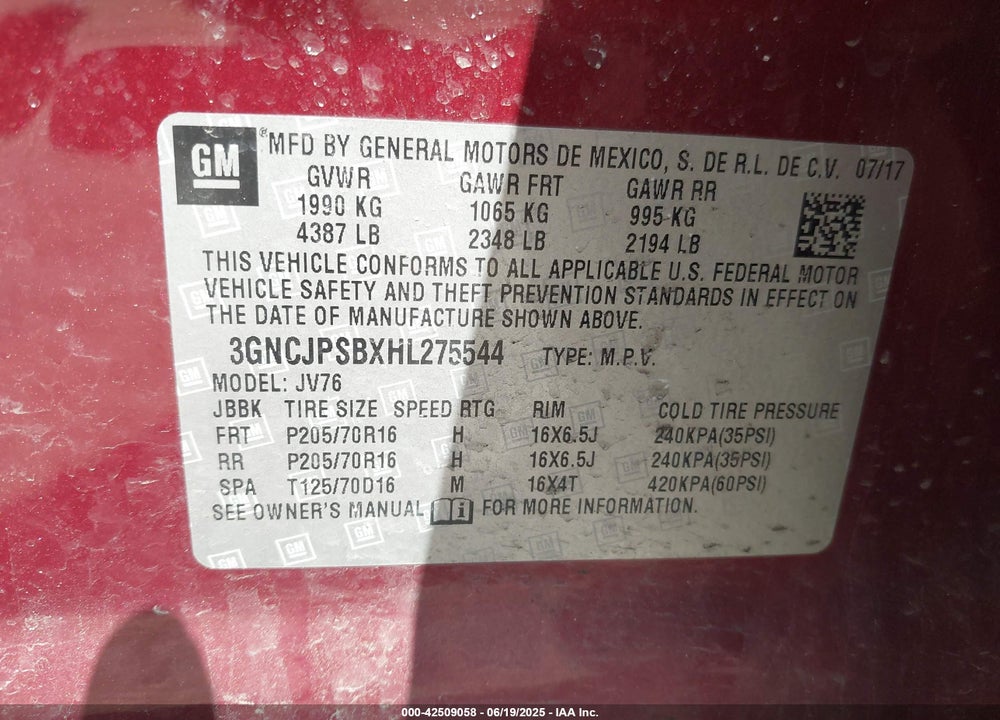 2017 CHEVROLET TRAX VIN: 3GNCJPSBXHL275544