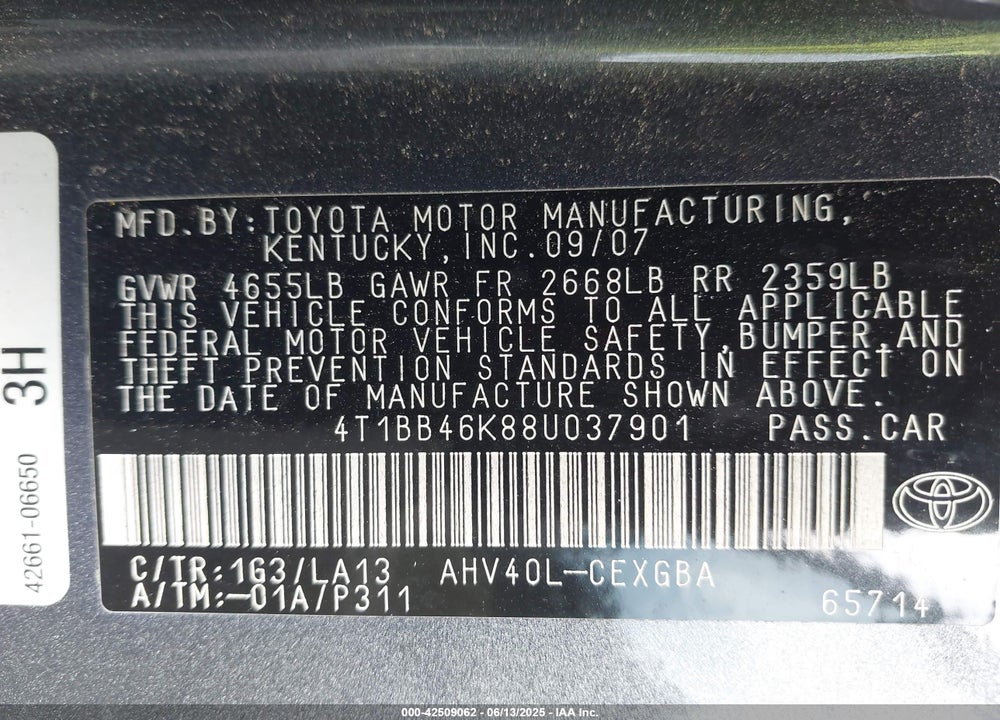 2008 TOYOTA CAMRY HYBRID VIN: 4T1BB46K88U037901