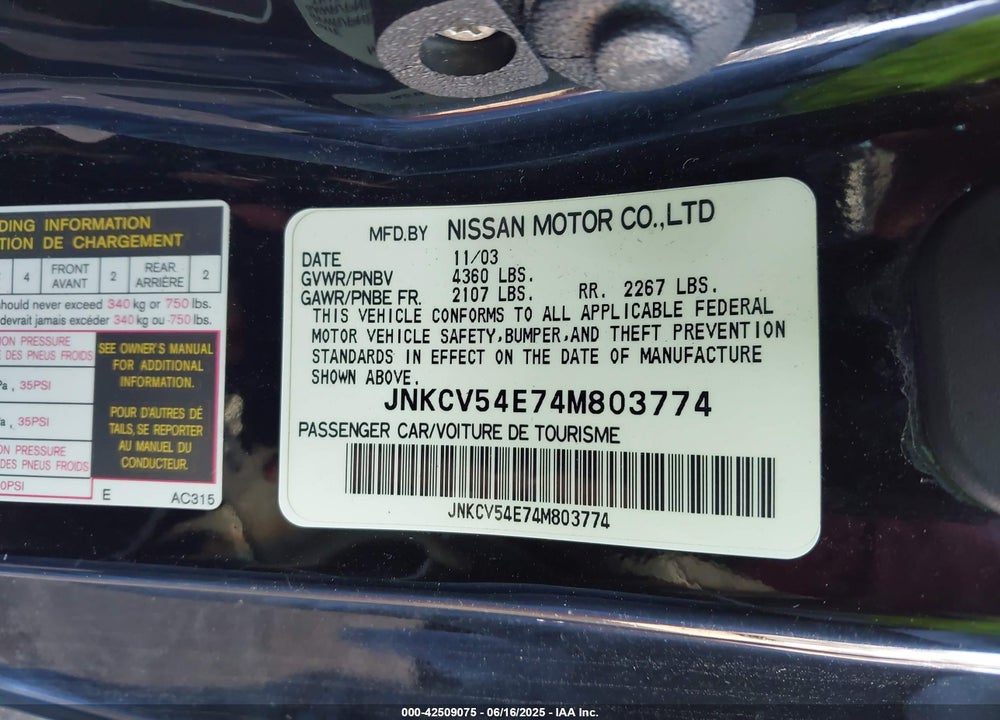 2004 INFINITI G35 VIN: JNKCV54E74M803774