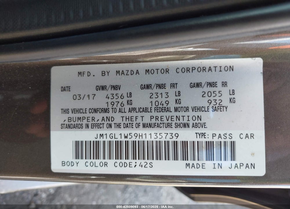 2017 MAZDA MAZDA6 VIN: JM1GL1W59H1135739