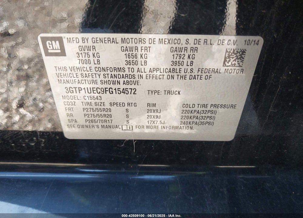 2015 GMC SIERRA 1500 VIN: 3GTP1UEC9FG154572
