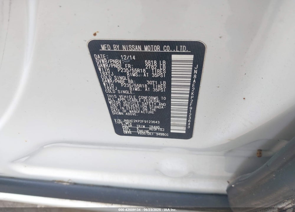 2015 NISSAN QUEST PLATINUM VIN: JN8AE2KP2F9123643