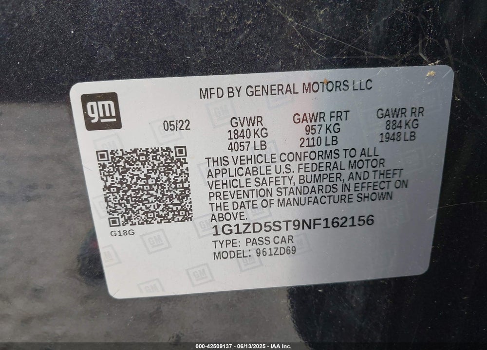 2022 CHEVROLET MALIBU FWD LT VIN: 1G1ZD5ST9NF162156
