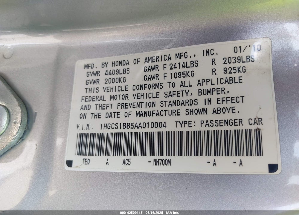 2010 HONDA ACCORD VIN: 1HGCS1B85AA010004