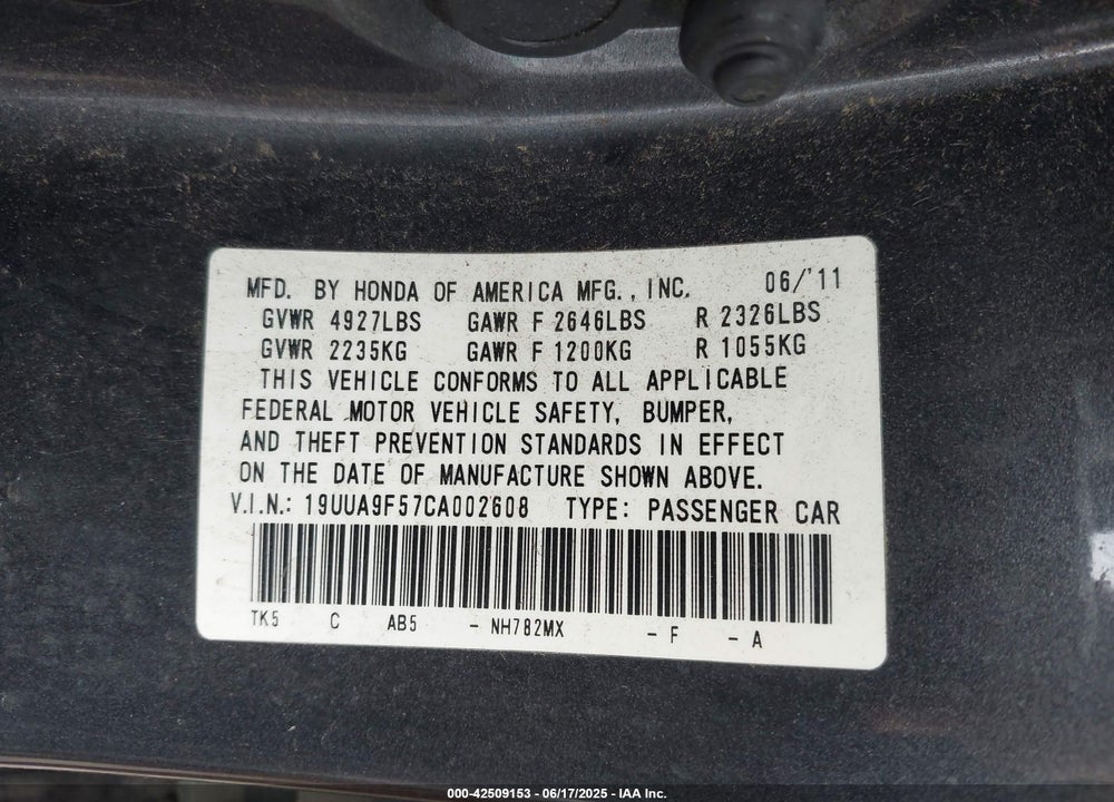 2012 ACURA TL 3.7 VIN: 19UUA9F57CA002608