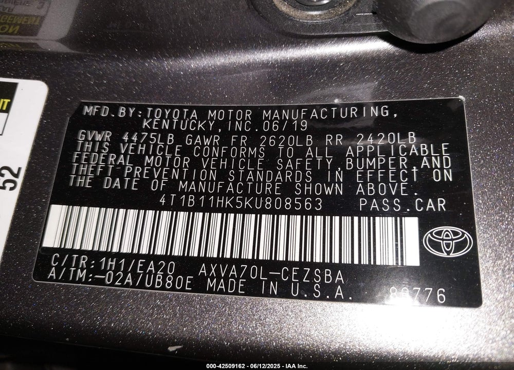 2019 TOYOTA CAMRY VIN: 4T1B11HK5KU808563