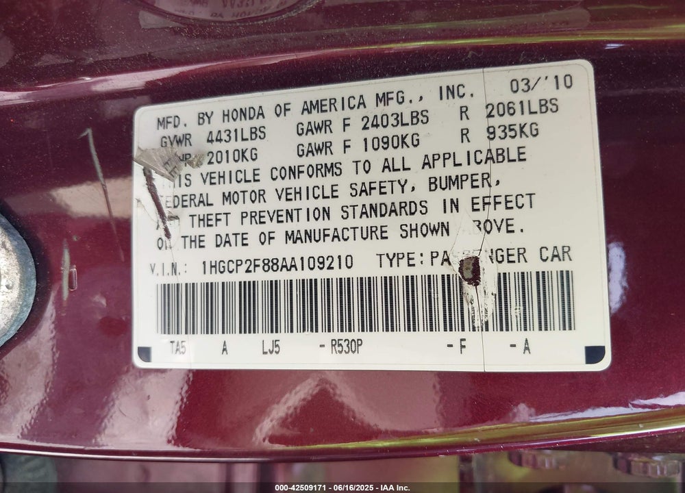2010 HONDA ACCORD VIN: 1HGCP2F88AA109210