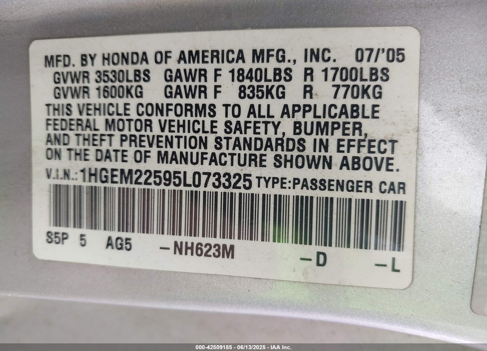 2005 HONDA CIVIC VIN: 1HGEM22595L073325