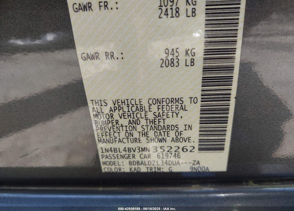 2021 NISSAN ALTIMA VIN: 1N4BL4BV3MN352262