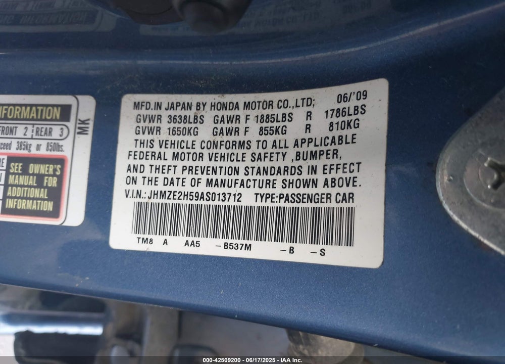 2010 HONDA INSIGHT VIN: JHMZE2H59AS013712